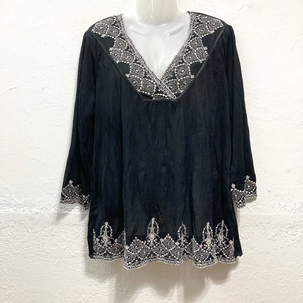 INC International Concepts Top 3/4 Sleeve Sheer Black Embroidered Babydoll 1X
